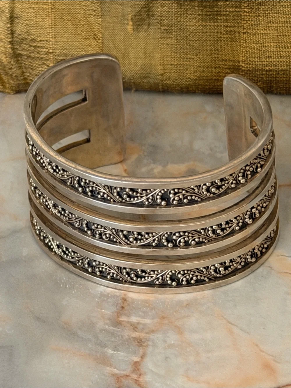Lois Hill Silver Granulated Scroll Cuff Bracelet - 925 Silver